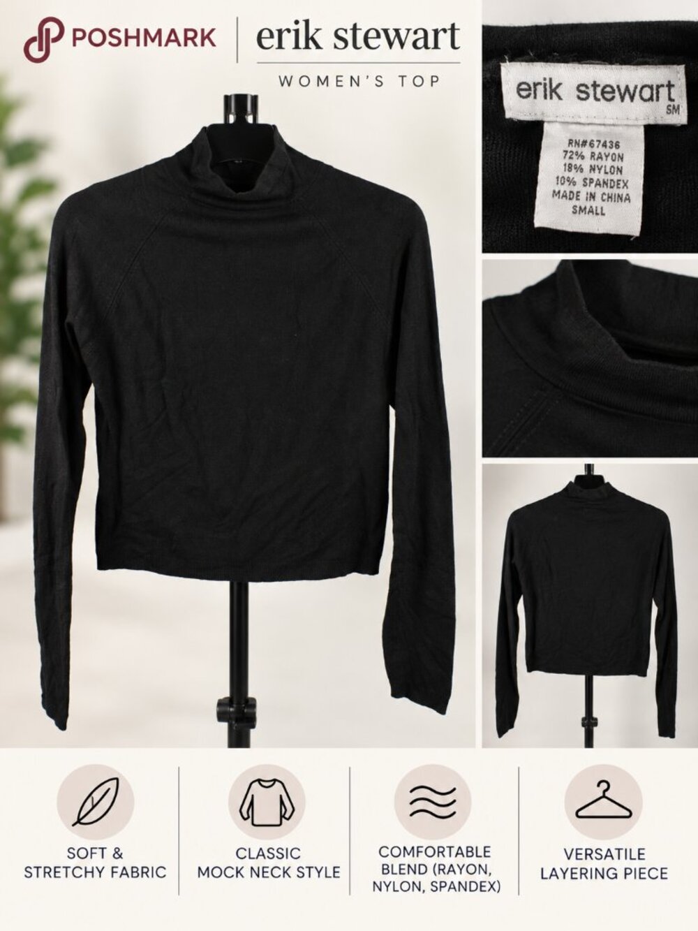 Erik Stewart Black Cropped Mock Neck Knit Sweater - Small